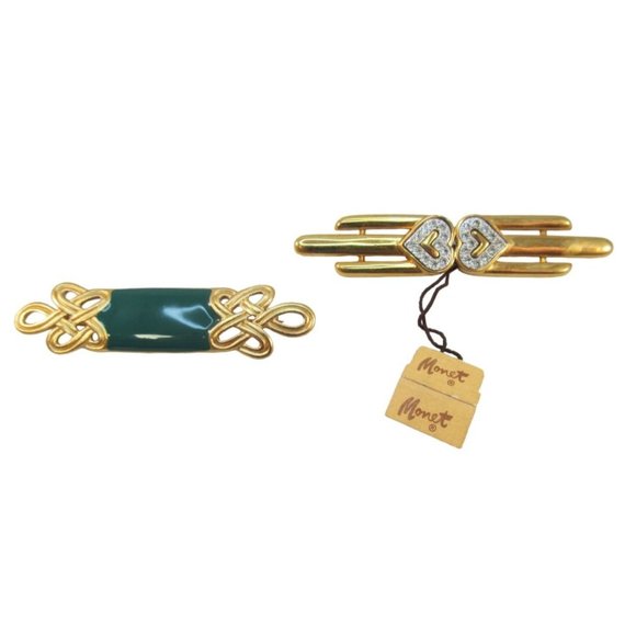 Double Heart Rhinestone Pin and Green Enamel Celtic knot Monet Brooches 2 in Lot - Picture 2 of 9